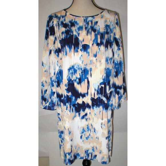 Womens 10 NWT $145 NYDJ Mosaic Shift Dress Blue Peach White Slit Sleeves Silky - Picture 1 of 7